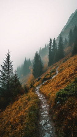 Generative AI : Misty foggy autumn mountain landscape with fir forest and copyspace in vintage retro hipster style Fall season in Sloveniaの素材