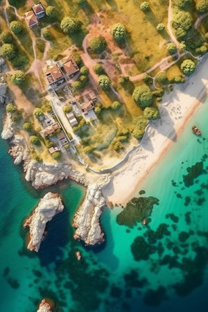 Generative AI : Aerial top view of village Petrcane Croatia Touristic background with blue sea coastline and red roofs Zadar Riviera Dalmaciaの素材