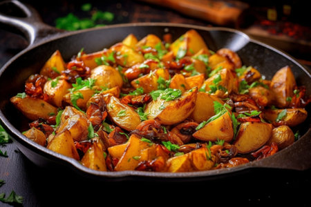 Generative AI : Fried potatoes with bacon on a dish in restaurantの素材