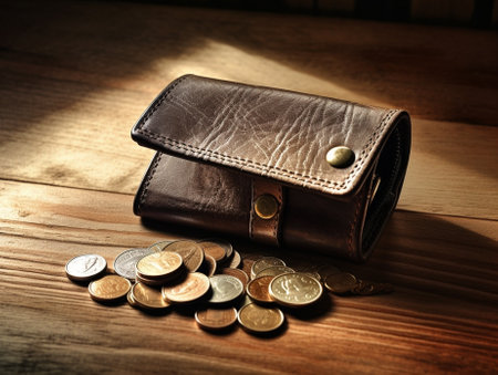 Generative AI : Polish money zloty banknotes coins and wallet on the tableの素材