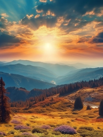 Generative AI : Carpathian mountains summer sunset landscape with dramatic sky and blue mountainsの素材