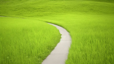 Generative AI : Spring green grass field with tracks suitable for backgrounds or wallpapers natural seasonal landscapeの素材