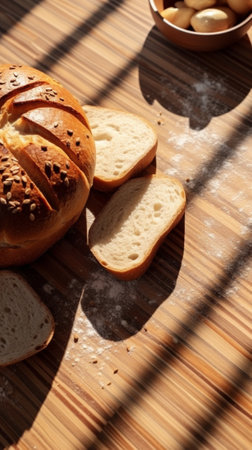 Generative AI : Rye sliced bread on the wooden deskの素材