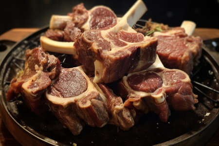Generative AI : Roasted sheep meat with bones on dish in restaurantの素材