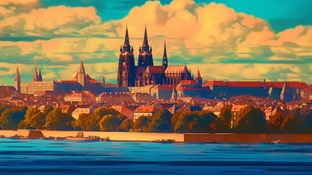 Generative AI : Prague Castle and Old City day panorama view with blue sky travel vivid autumn european background in hipster vintage styleの素材