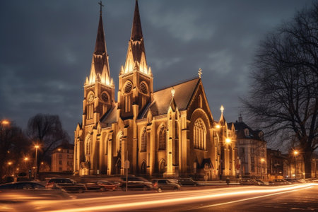 Generative AI : St Wojciech church at main Cracow square at night with purple skyの素材