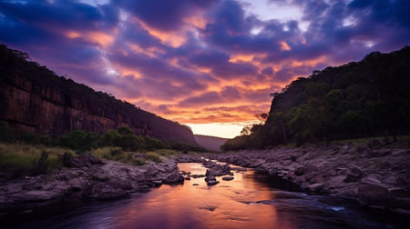 Generative AI : Sunrise at canyon with river hills and dramatic sky with reflection HDRの素材