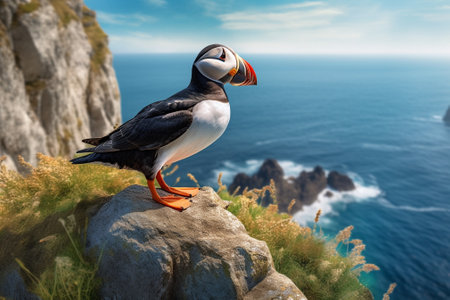 Generative AI : Single Atlantic puffin bird standing on the rock over the sea Animal outdoor backgroundの素材
