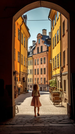 Generative AI : STOCKHOLM SWEDEN JUNE 1 2015 Stockholm city street in historical center Gamla Stan with walking peopleの素材