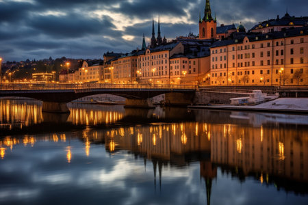 Generative AI : View of the famous scandinavian and north european city Stockholm the capital of Sweden after sunset with illuminationの素材