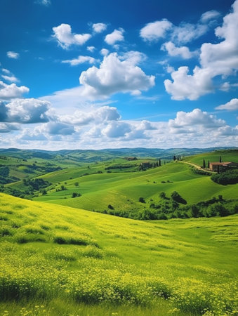 Generative AI : Wavy fields in Tuscany with shadows and farms Italy Natural outdoor seasonal spring background with blue sky and cloudsの素材