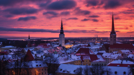Generative AI : View to the european city Tallinn after sunset travel outdoor backgroundの素材