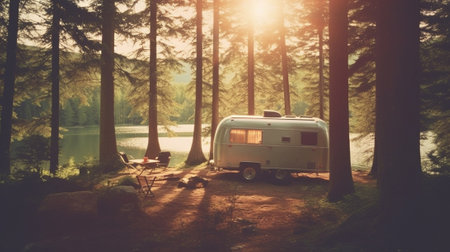 Generative AI : sunset in the woods retro film filtered instagram styleの素材