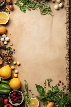 Generative AI : old paper painting old fashioned vegetables on grunge background with blank space on canvas textureの素材