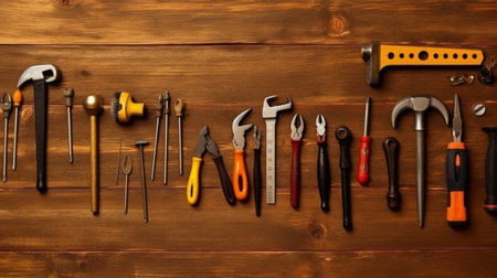 Generative AI : tools against wooden wallの素材