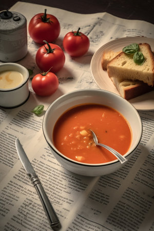 Generative AI : tomato soup on white plate and vintage wood table background polish traditional food