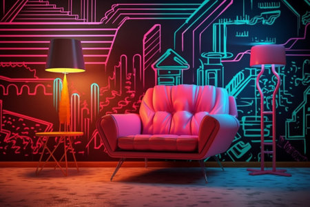 Generative AI : wallpaper interior with neon lightsの素材