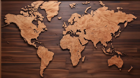 Generative AI : world map on old wooden wallの素材