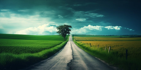 Generative AI : two country road in the fields with slight motion blurの素材