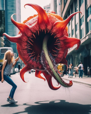 Generative AI : woman smelling flower red tiger lilyの素材