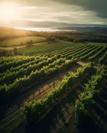 Generative AI : Beautiful vineyards at sunset of Stajerska Slovenia wine producing area View of green vineyards rolling hills houses cellars Steyer wine area Natural agricultural lの素材