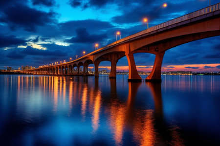 Generative AI : Havana bridge in Kiev at night with colorful illumination beautiful clouds and reflection in Dnieper river Wide angleの素材