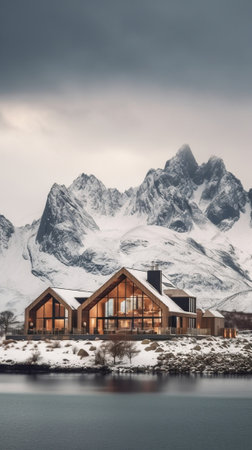 Generative AI : Landscape with beautiful winter lake red rorbu house and snowy mountains at sunset at Lofoten Islands in Northern Norway Panoramic viewの素材