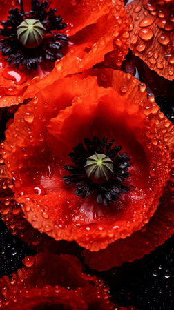 Generative AI : Close up macro of red wet poppy fresh petal floral backgroundの素材
