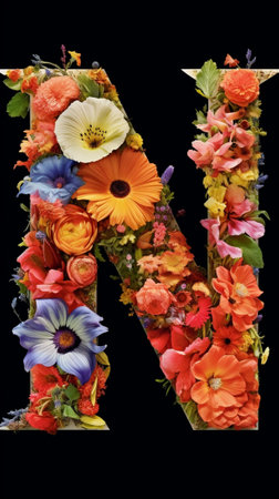 Generative AI : alphabetical letter N made of flowers clipping pathの素材