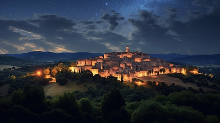 Generative AI : Night view of beautiful Italian medieval Pienza city with lanterns Travel outdoor Tuscany backgroundの素材