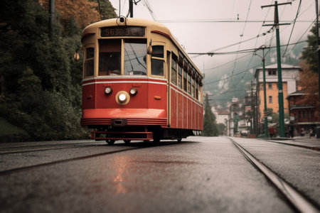 Generative AI : Vintage red tram running through the forest part of the city Autumn background in the park in Kiev Ukraineの素材