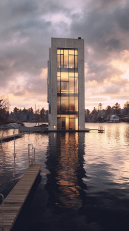 Generative AI : Oscarsborg tower at night in Soderhamn Swedenの素材