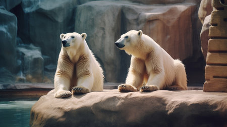 Generative AI : White polar bear in the zoo natural animal backgroundの素材