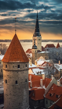Generative AI : View to the european city Tallinn after sunset in twilight travel outdoor background Wall of the Old Townの素材