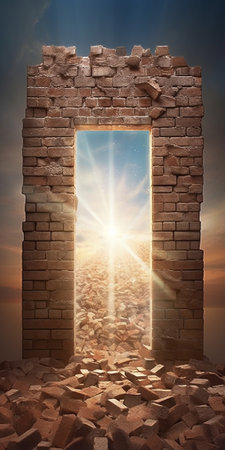 Generative AI : old brick wall with opened door to sunset skyの素材