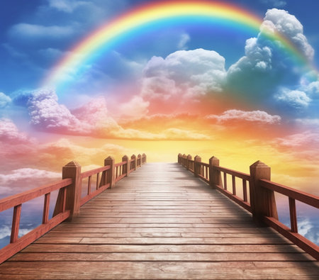 Generative AI : rainbow sunset sky and wooden floor backgroundの素材