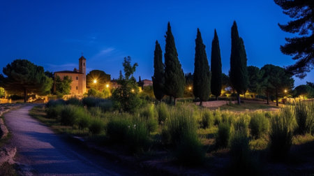 Generative AI : Beautiful Tuscany night landscape with star trails on the sky cypresses and a chapel Natural outdoor amazing fantasy backgroundの素材