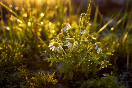 Generative AI : Autumn grass with chamomile flowerson a meadow with shiny dew water drops abstract natural backgroundの素材