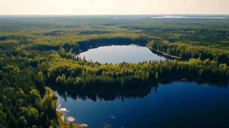 Generative AI : Aerial landscape of blue lake in green field top view of beautiful nature background from drone seasonal summer landscape with copy spaceの素材