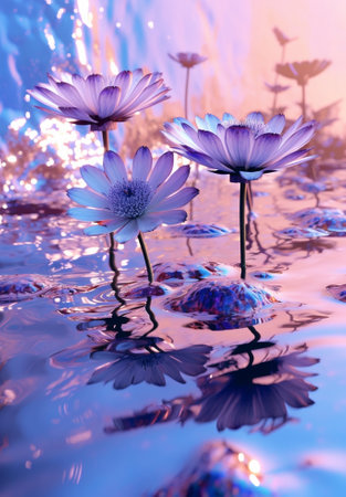 Generative AI : Background from tender soft violet blue beautiful flowers with water reflection floral backgroundの素材
