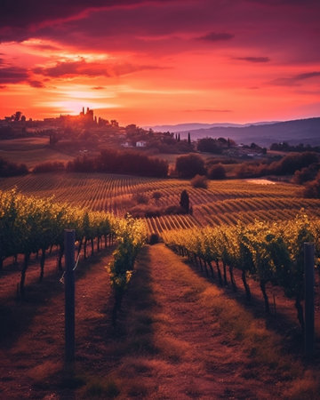 Generative AI : Beautiful golden sunrise in Tuscany Italy with vineyard Natural idillyc seasonal autumn backgroundの素材