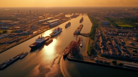 Generative AI : Dramatic colorful sunset over Dnipro river in Kiev Ukraine travel background Big panorama from droneの素材