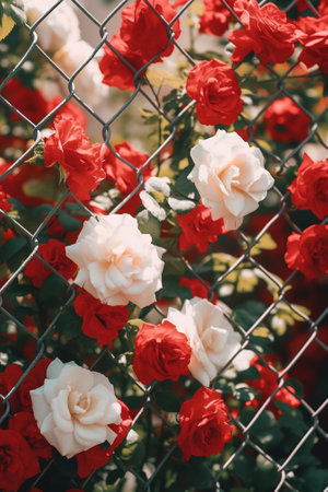 Generative AI : Garden with fresh red roses floral natural hipster vintage instagram backgroundの素材