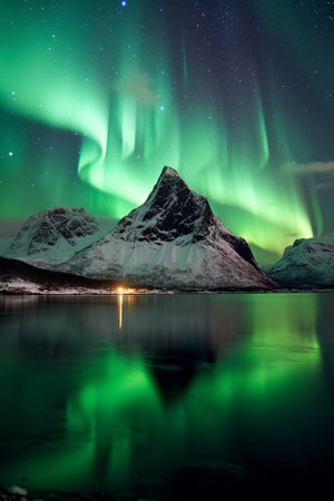 Generative AI : Northern Lights Aurora Borealis shining green in night starry sky at winter Lofoten Islands Norwayの素材