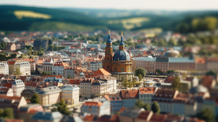 Generative AI : Red Prague roofs view from the City Hall travel european background with tiltshift blurred effectの素材