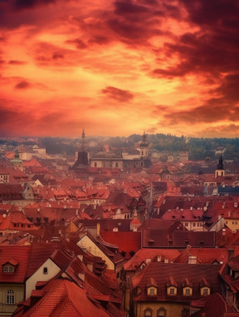 Generative AI : Red Prague roofs view from the City Hall travel european backgroundの素材