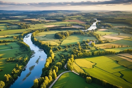 Generative AI : Rural summer sunset landscape with river in Zrmanja Croatia natural background aerial viewの素材