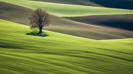 Generative AI : Rolling sunny hills with field and tree suitable for backgrounds or wallpapers natural seasonal landscape Southern Moravia Czech republicの素材