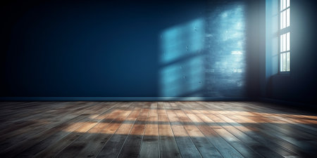 Generative AI : empty blue disco scene with textured floor and beams of light interior background to insert text or designの素材