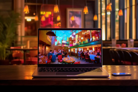 Generative AI : laptop on the table in a night clubの素材